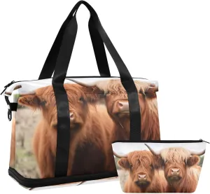 Gym Bag Highland Cows Travel Duffel Bag - Sports Gym Bag with Dry Wet Pocket Cosmetic bag & Shoes Compartment for Women and Men
