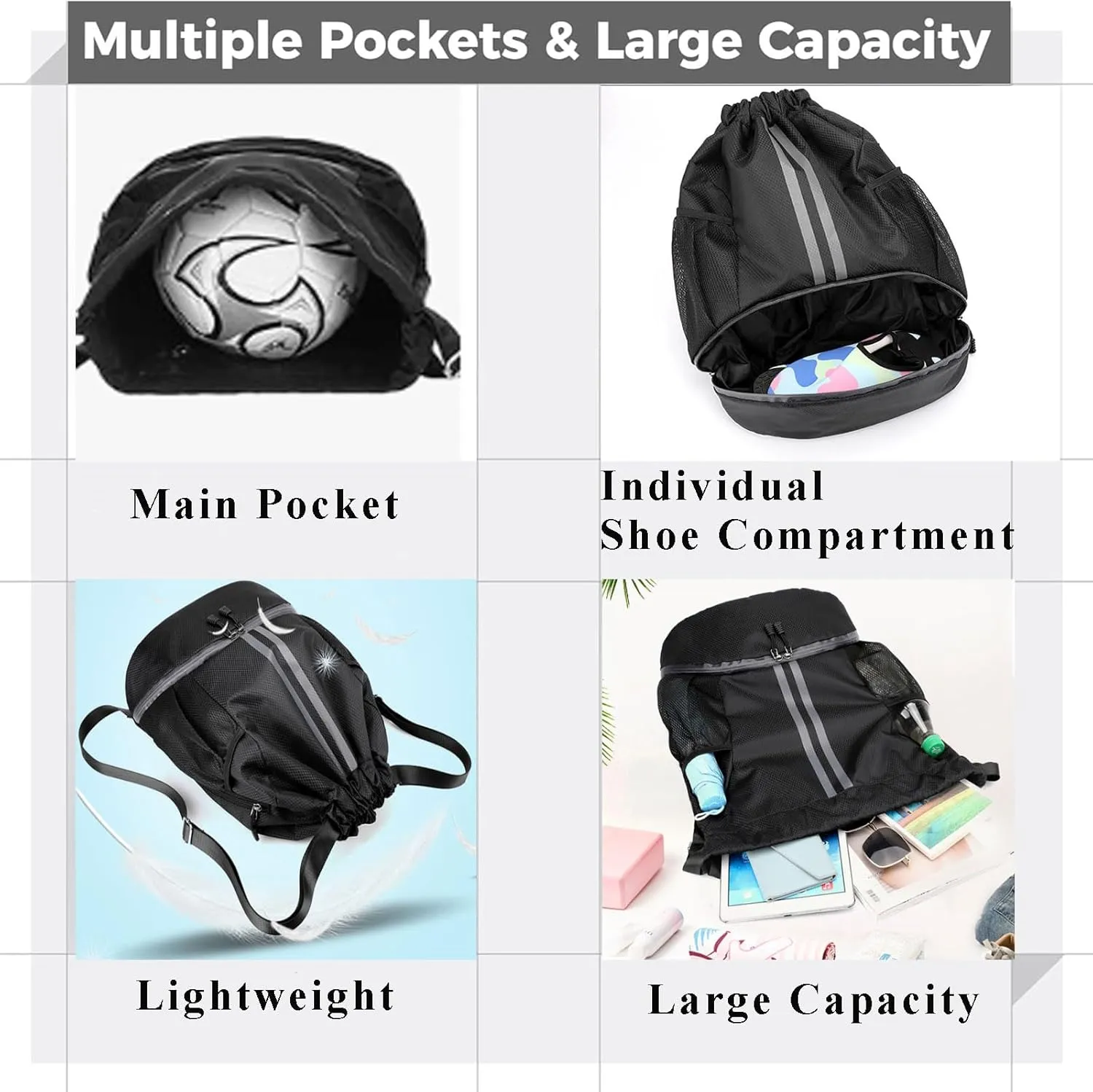 Gym Drawstring Backpack Large String Basketball Bag Workout Cinch Bag with Dry Wet Separation Pocket and Shoes Compartment for Men Women (Black)