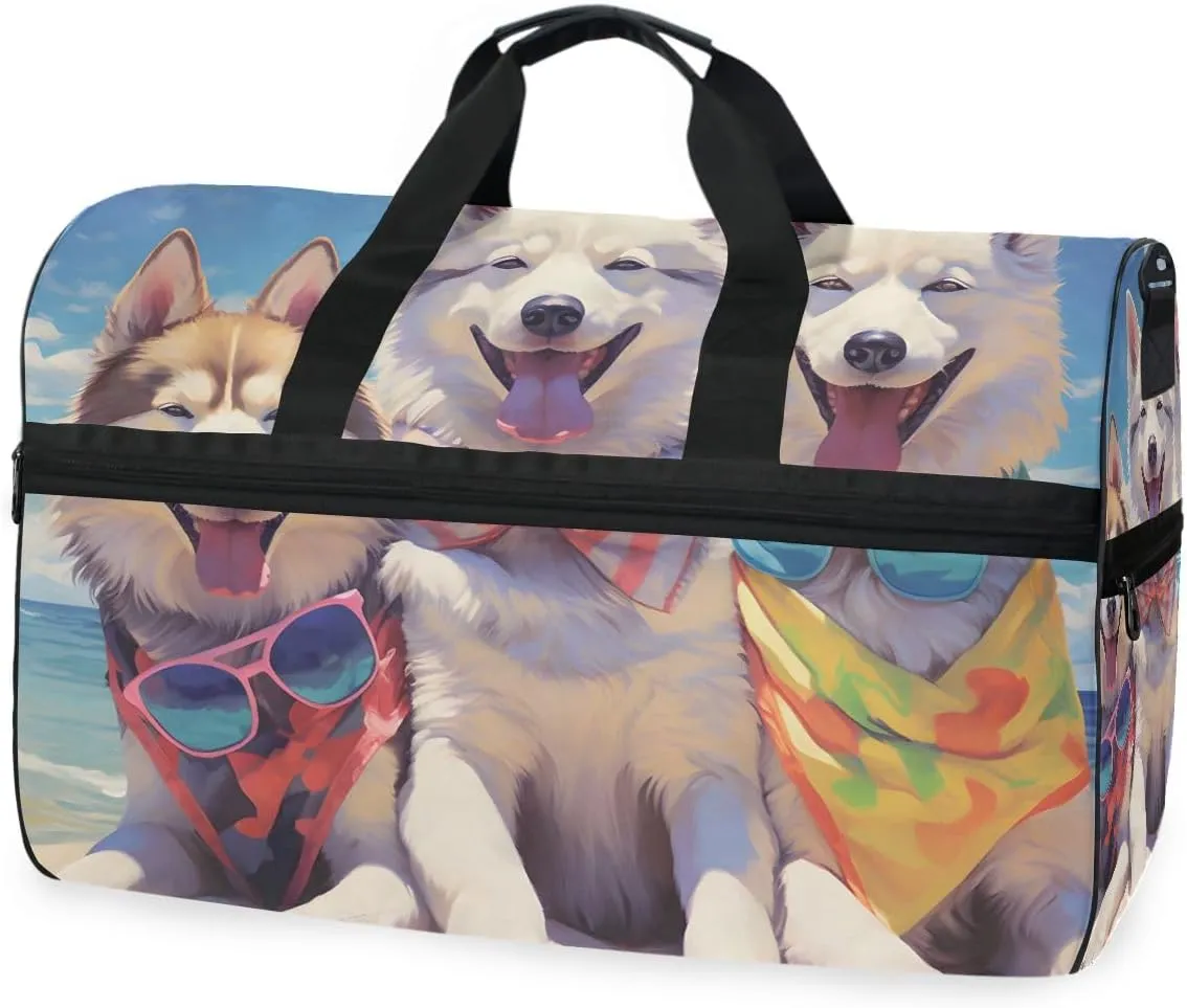 Husky Dog Beach Travel Duffel Bag Luggage Sports Gym Bags With Shoes Compartment Large Capacity Lightweight Duffle Bag For Men Women