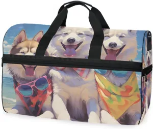 Husky Dog Beach Travel Duffel Bag Luggage Sports Gym Bags With Shoes Compartment Large Capacity Lightweight Duffle Bag For Men Women