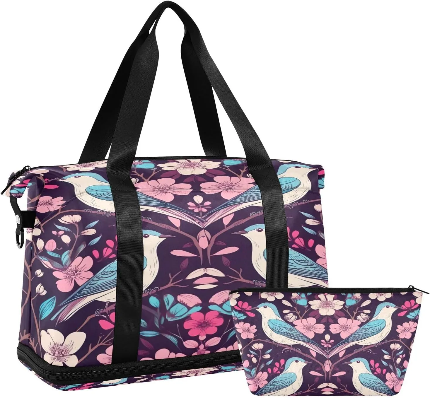 Kigai Bird Flowers Gym Bag for Women & Men,Waterproof Weekender Overnight Bag with Shoes Compartment Sports Duffel Bag for Gym Yoga Swimming Camping