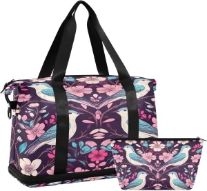 Kigai Bird Flowers Gym Bag for Women & Men,Waterproof Weekender Overnight Bag with Shoes Compartment Sports Duffel Bag for Gym Yoga Swimming Camping