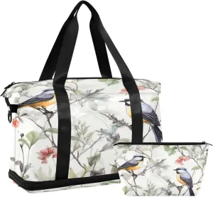 Kigai Bird Flowers Gym Bag for Women & Men,Waterproof Weekender Overnight Bag with Shoes Compartment Sports Duffel Bag for Gym Yoga Swimming Camping