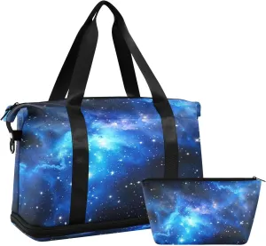Kigai Blue Galaxy Gym Bag for Women & Men,Waterproof Weekender Overnight Bag with Shoes Compartment Sports Duffel Bag for Gym Yoga Swimming Camping