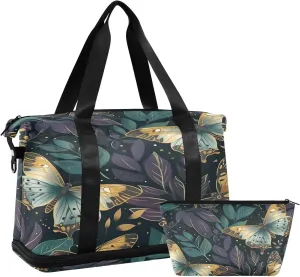Kigai Butterfly Leaves Gym Bag for Women & Men,Waterproof Weekender Overnight Bag with Shoes Compartment Sports Duffel Bag for Gym Yoga Swimming Camping