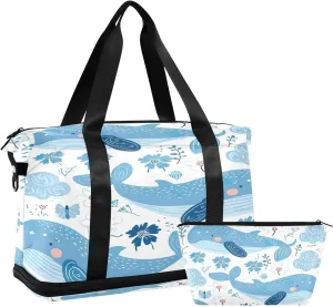 Kigai Cartoon Whales Gym Bag for Women & Men,Waterproof Weekender Overnight Bag with Shoes Compartment Sports Duffel Bag for Gym Yoga Swimming Camping