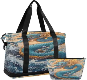 Kigai Chinese Dragon Gym Bag for Women & Men,Waterproof Weekender Overnight Bag with Shoes Compartment Sports Duffel Bag for Gym Yoga Swimming Camping