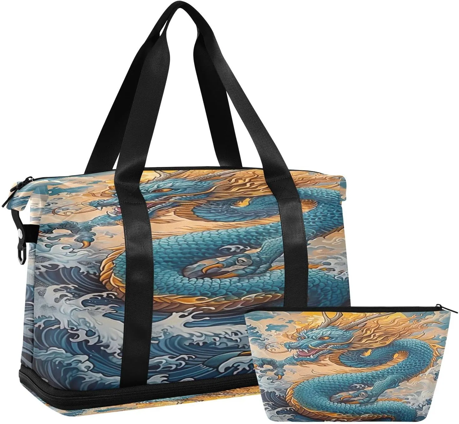 Kigai Chinese Dragon Gym Bag for Women & Men,Waterproof Weekender Overnight Bag with Shoes Compartment Sports Duffel Bag for Gym Yoga Swimming Camping