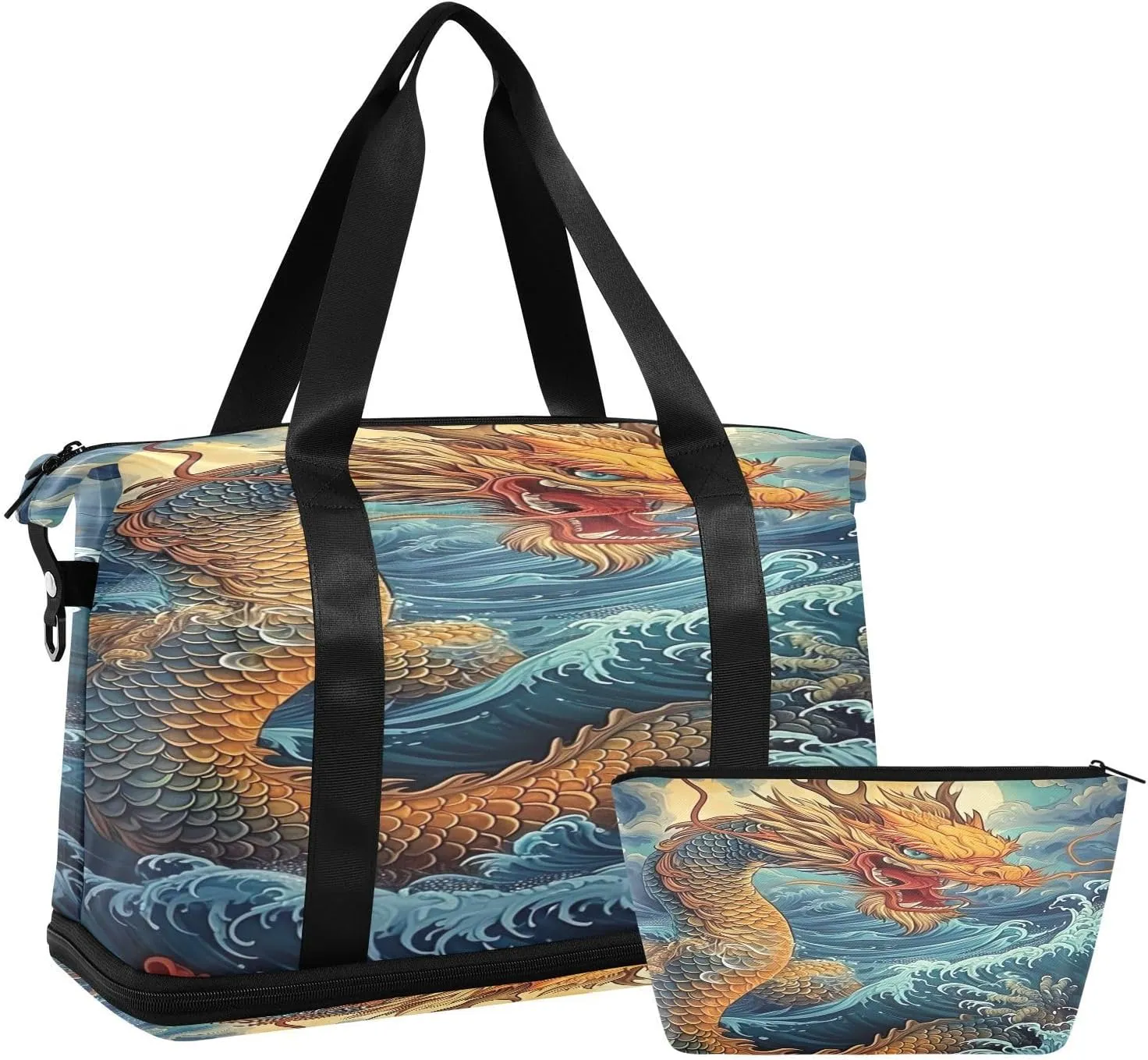 Kigai Chinese Dragon Gym Bag for Women & Men,Waterproof Weekender Overnight Bag with Shoes Compartment Sports Duffel Bag for Gym Yoga Swimming Camping