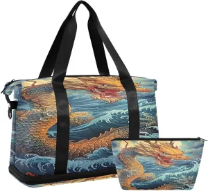 Kigai Chinese Dragon Gym Bag for Women & Men,Waterproof Weekender Overnight Bag with Shoes Compartment Sports Duffel Bag for Gym Yoga Swimming Camping