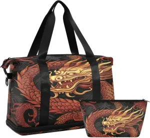 Kigai Chinese Dragon Gym Bag for Women & Men,Waterproof Weekender Overnight Bag with Shoes Compartment Sports Duffel Bag for Gym Yoga Swimming Camping