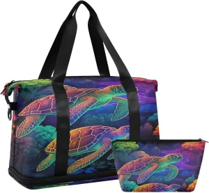 Kigai Colored Turtle Gym Bag for Women & Men,Waterproof Weekender Overnight Bag with Shoes Compartment Sports Duffel Bag for Gym Yoga Swimming Camping