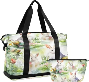 Kigai Cute Bunny Gym Bag for Women & Men,Waterproof Weekender Overnight Bag with Shoes Compartment Sports Duffel Bag for Gym Yoga Swimming Camping