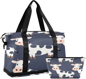 Kigai Cute Cows Gym Bag for Women & Men,Waterproof Weekender Overnight Bag with Shoes Compartment Sports Duffel Bag for Gym Yoga Swimming Camping