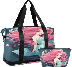 Kigai Cute Mermaid Gym Bag for Women & Men,Waterproof Weekender Overnight Bag with Shoes Compartment Sports Duffel Bag for Gym Yoga Swimming Camping