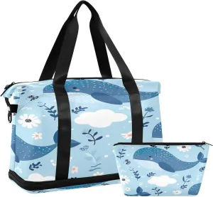 Kigai Cute Whale Gym Bag for Women & Men,Waterproof Weekender Overnight Bag with Shoes Compartment Sports Duffel Bag for Gym Yoga Swimming Camping