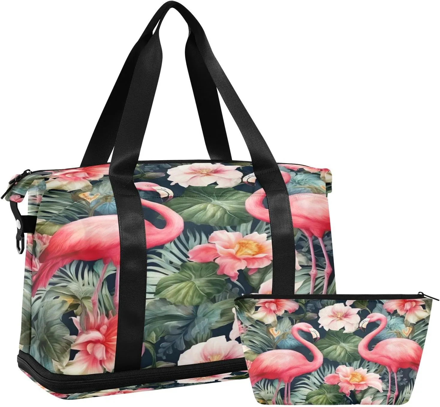 Kigai Flamingo Flower Gym Bag for Women & Men,Waterproof Weekender Overnight Bag with Shoes Compartment Sports Duffel Bag for Gym Yoga Swimming Camping