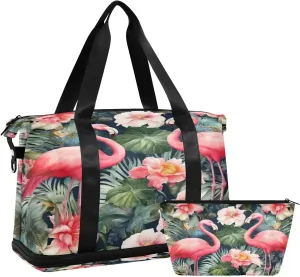Kigai Flamingo Flower Gym Bag for Women & Men,Waterproof Weekender Overnight Bag with Shoes Compartment Sports Duffel Bag for Gym Yoga Swimming Camping