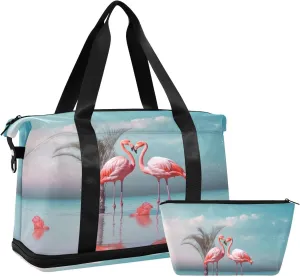 Kigai Flamingo Gym Bag for Women & Men,Waterproof Weekender Overnight Bag with Shoes Compartment Sports Duffel Bag for Gym Yoga Swimming Camping