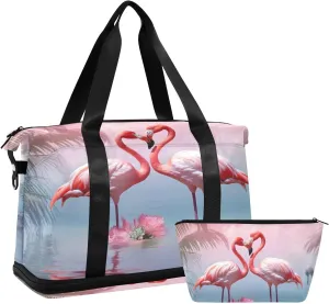 Kigai Flamingo Gym Bag for Women & Men,Waterproof Weekender Overnight Bag with Shoes Compartment Sports Duffel Bag for Gym Yoga Swimming Camping