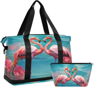 Kigai Flamingo Gym Bag for Women & Men,Waterproof Weekender Overnight Bag with Shoes Compartment Sports Duffel Bag for Gym Yoga Swimming Camping