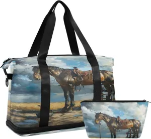 Kigai Funny Horse Gym Bag for Women & Men,Waterproof Weekender Overnight Bag with Shoes Compartment Sports Duffel Bag for Gym Yoga Swimming Camping