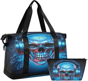 Kigai Funny Skull Gym Bag for Women & Men,Waterproof Weekender Overnight Bag with Shoes Compartment Sports Duffel Bag for Gym Yoga Swimming Camping