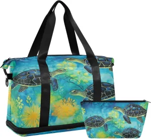 Kigai Green Turtle Gym Bag for Women & Men,Waterproof Weekender Overnight Bag with Shoes Compartment Sports Duffel Bag for Gym Yoga Swimming Camping