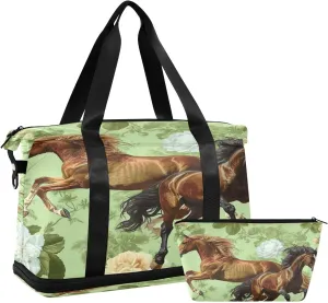 Kigai Horse Flower Gym Bag for Women & Men,Waterproof Weekender Overnight Bag with Shoes Compartment Sports Duffel Bag for Gym Yoga Swimming Camping