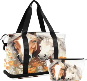 Kigai Horse Flowers Gym Bag for Women & Men,Waterproof Weekender Overnight Bag with Shoes Compartment Sports Duffel Bag for Gym Yoga Swimming Camping
