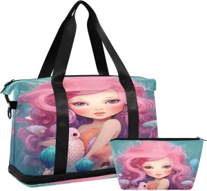 Kigai Mermaid Gym Bag for Women & Men,Waterproof Weekender Overnight Bag with Shoes Compartment Sports Duffel Bag for Gym Yoga Swimming Camping