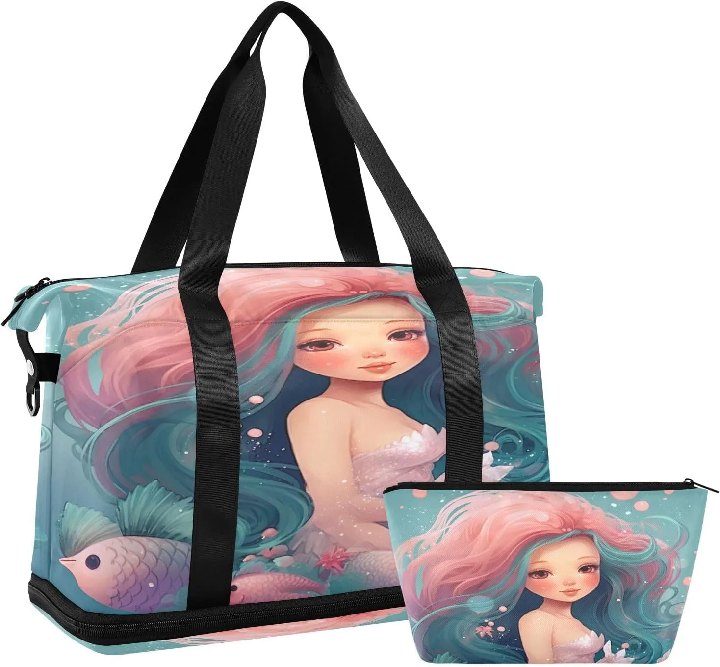 Kigai Mermaid Gym Bag for Women & Men,Waterproof Weekender Overnight Bag with Shoes Compartment Sports Duffel Bag for Gym Yoga Swimming Camping