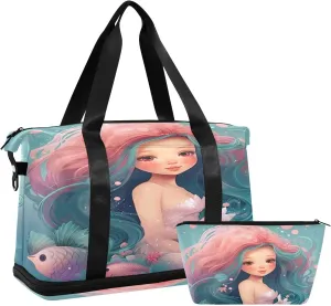 Kigai Mermaid Gym Bag for Women & Men,Waterproof Weekender Overnight Bag with Shoes Compartment Sports Duffel Bag for Gym Yoga Swimming Camping