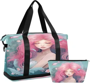 Kigai Mermaid Gym Bag for Women & Men,Waterproof Weekender Overnight Bag with Shoes Compartment Sports Duffel Bag for Gym Yoga Swimming Camping