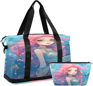 Kigai Mermaid Gym Bag for Women & Men,Waterproof Weekender Overnight Bag with Shoes Compartment Sports Duffel Bag for Gym Yoga Swimming Camping