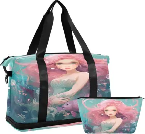 Kigai Mermaid Gym Bag for Women & Men,Waterproof Weekender Overnight Bag with Shoes Compartment Sports Duffel Bag for Gym Yoga Swimming Camping