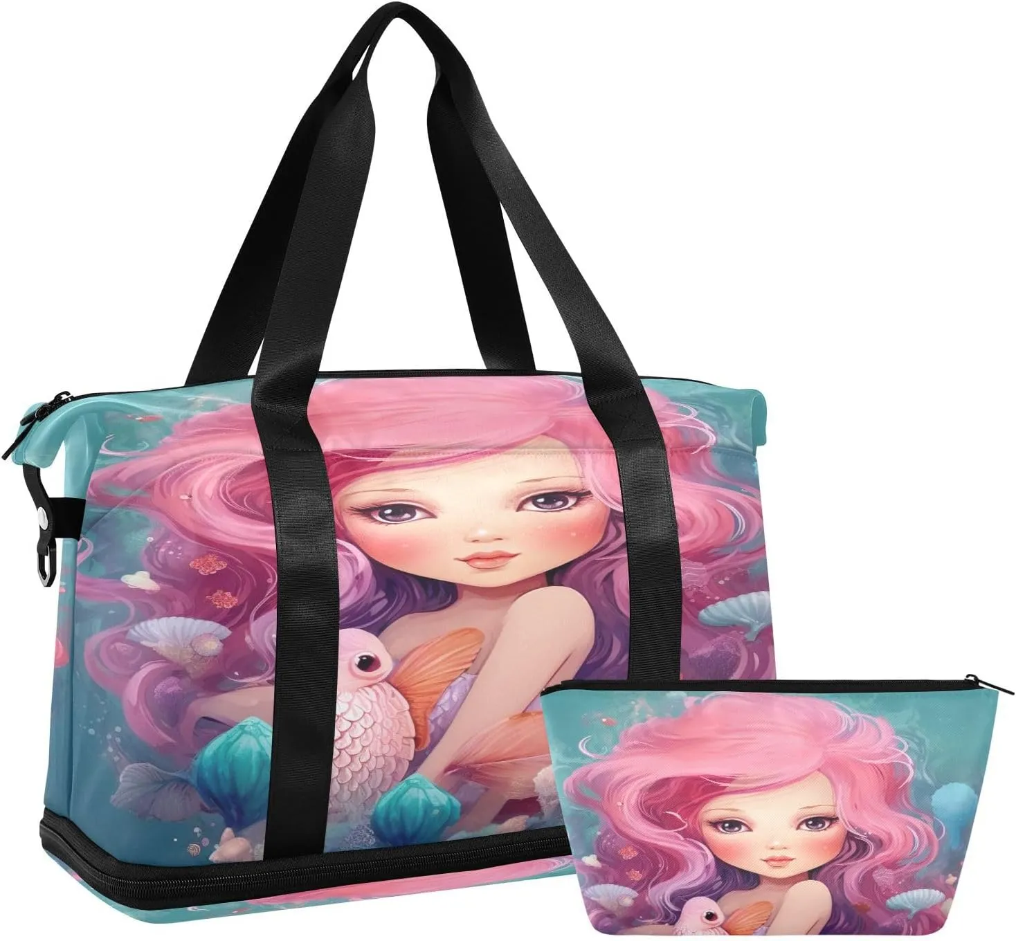 Kigai Mermaid Gym Bag for Women & Men,Waterproof Weekender Overnight Bag with Shoes Compartment Sports Duffel Bag for Gym Yoga Swimming Camping