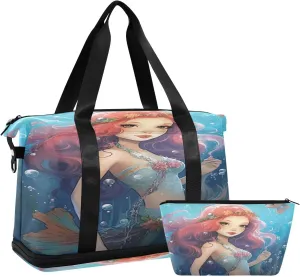 Kigai Mermaid Gym Bag for Women & Men,Waterproof Weekender Overnight Bag with Shoes Compartment Sports Duffel Bag for Gym Yoga Swimming Camping