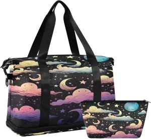 Kigai Moon Clouds Gym Bag for Women & Men,Waterproof Weekender Overnight Bag with Shoes Compartment Sports Duffel Bag for Gym Yoga Swimming Camping