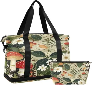 Kigai Mushroom Flower Gym Bag for Women & Men,Waterproof Weekender Overnight Bag with Shoes Compartment Sports Duffel Bag for Gym Yoga Swimming Camping