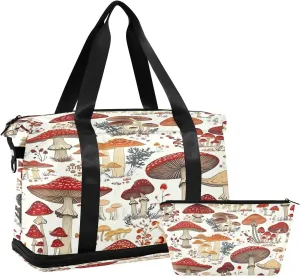 Kigai Mushroom Gym Bag for Women & Men,Waterproof Weekender Overnight Bag with Shoes Compartment Sports Duffel Bag for Gym Yoga Swimming Camping