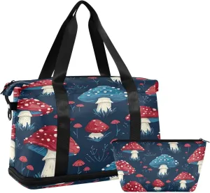 Kigai Mushroom Gym Bag for Women & Men,Waterproof Weekender Overnight Bag with Shoes Compartment Sports Duffel Bag for Gym Yoga Swimming Camping