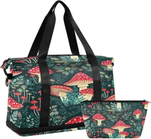 Kigai Mushroom Leaf Gym Bag for Women & Men,Waterproof Weekender Overnight Bag with Shoes Compartment Sports Duffel Bag for Gym Yoga Swimming Camping