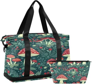 Kigai Mushroom Leaf Gym Bag for Women & Men,Waterproof Weekender Overnight Bag with Shoes Compartment Sports Duffel Bag for Gym Yoga Swimming Camping
