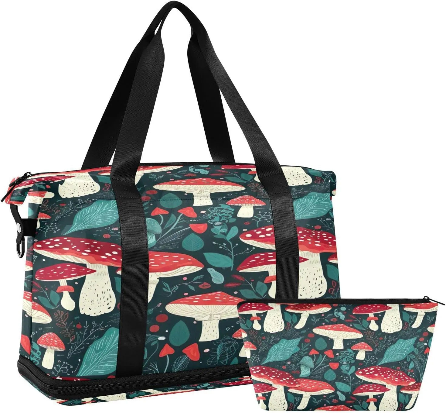 Kigai Mushroom Leaf Gym Bag for Women & Men,Waterproof Weekender Overnight Bag with Shoes Compartment Sports Duffel Bag for Gym Yoga Swimming Camping