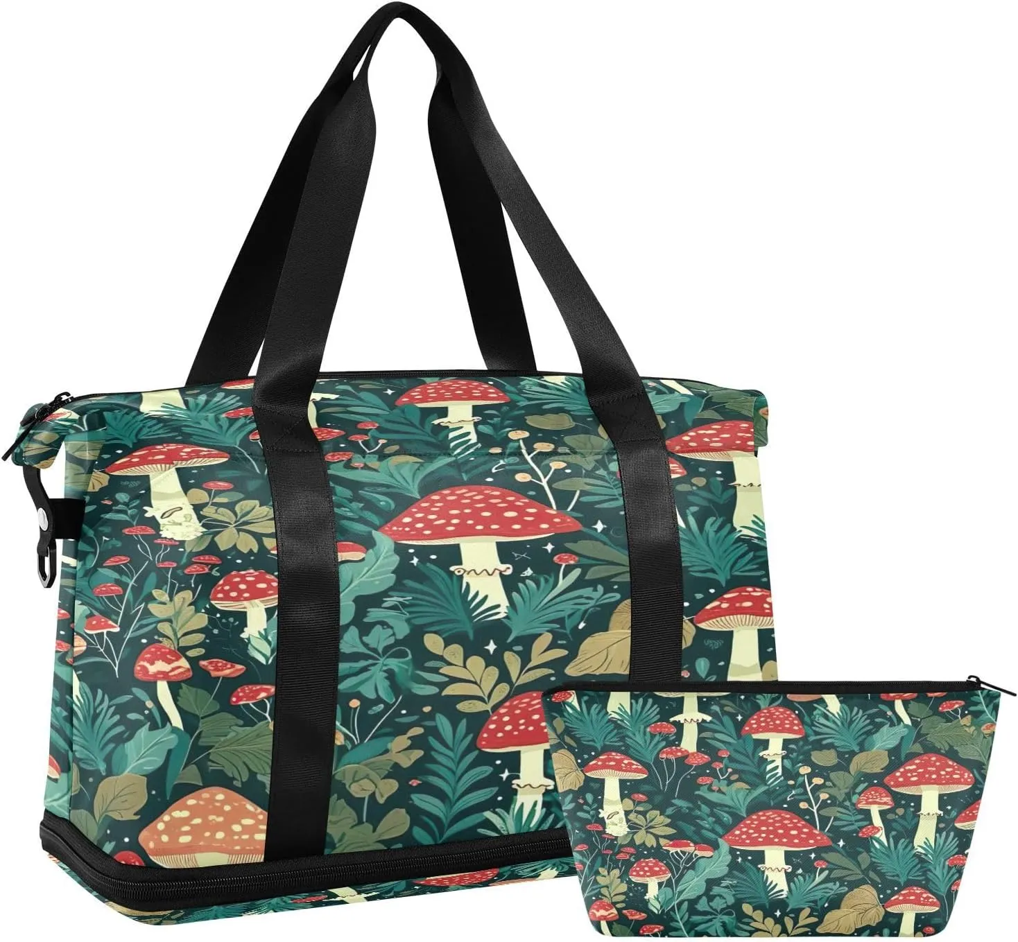 Kigai Mushroom Leaf Gym Bag for Women & Men,Waterproof Weekender Overnight Bag with Shoes Compartment Sports Duffel Bag for Gym Yoga Swimming Camping