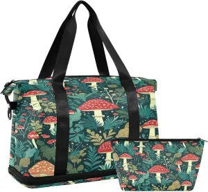 Kigai Mushroom Leaf Gym Bag for Women & Men,Waterproof Weekender Overnight Bag with Shoes Compartment Sports Duffel Bag for Gym Yoga Swimming Camping