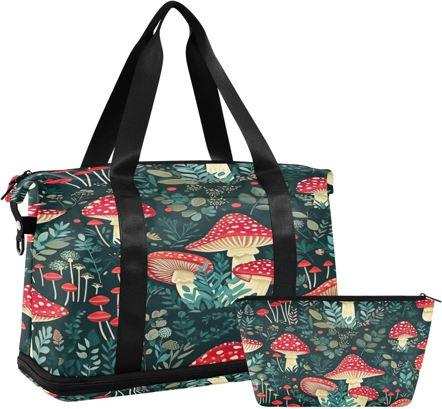 Kigai Mushroom Leaf Gym Bag for Women & Men,Waterproof Weekender Overnight Bag with Shoes Compartment Sports Duffel Bag for Gym Yoga Swimming Camping