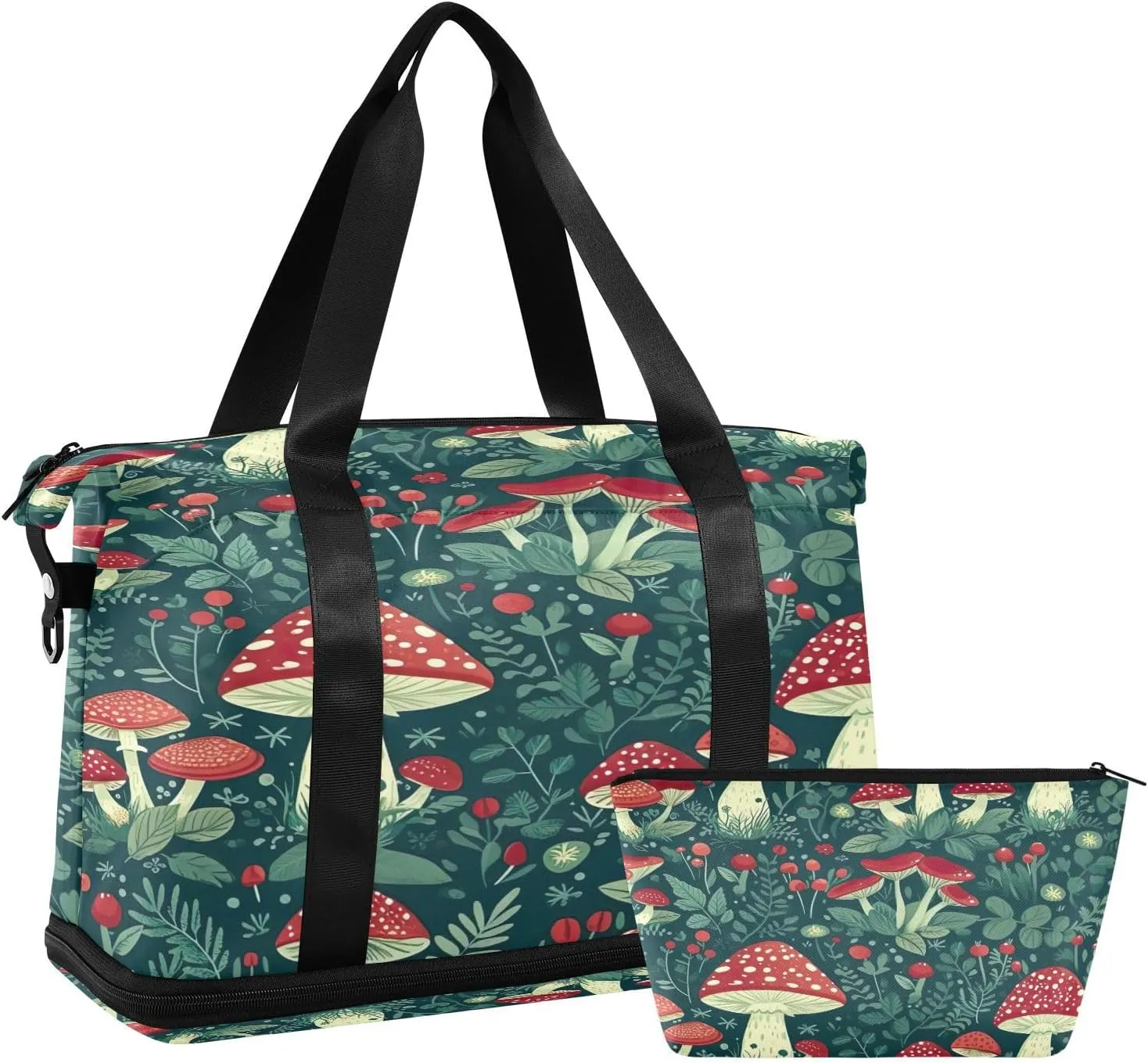Kigai Mushroom Leaf Gym Bag for Women & Men,Waterproof Weekender Overnight Bag with Shoes Compartment Sports Duffel Bag for Gym Yoga Swimming Camping