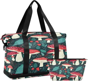 Kigai Mushroom Leaf Gym Bag for Women & Men,Waterproof Weekender Overnight Bag with Shoes Compartment Sports Duffel Bag for Gym Yoga Swimming Camping